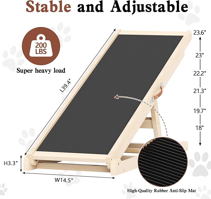 Dog Ramp for Couch, Bed, Car, Adjustable Pet Ramps 6 Height from 18" to 23.6" Wooden Dog Step with High Traction Mat & Sturdy Build for Small Medium Older Pets, Supports up to 200lbs