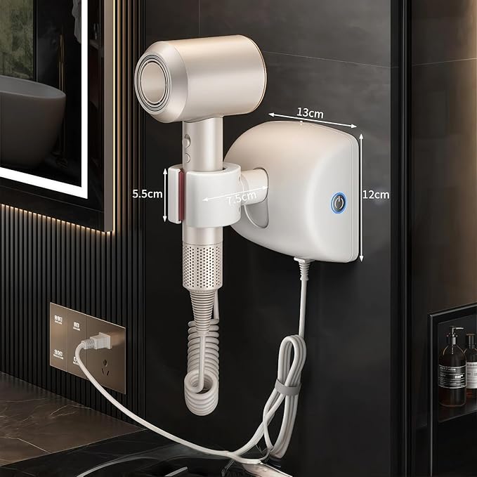 Automatic Rotating Hair Dryer Stand, Hands Free Blow Dryer Holder with 360° Auto Oscillation & Left-Right Swivel, Wall Mounted No Drilling, One-Button Start, for Styling, Pet Grooming & Phone Time