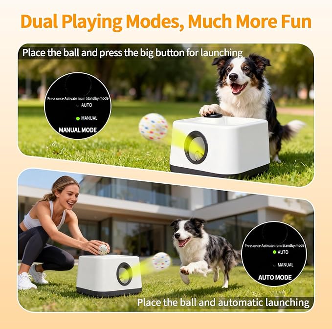 Automatic Dog Ball Launcher with Barking Function, Dual Modes (Auto/Manual) Interactive Dog Fetch Toy with 4 Adjustable Distances, Dog Balls Thrower for Small & Medium Dogs, with 4 Durable ETPU Balls