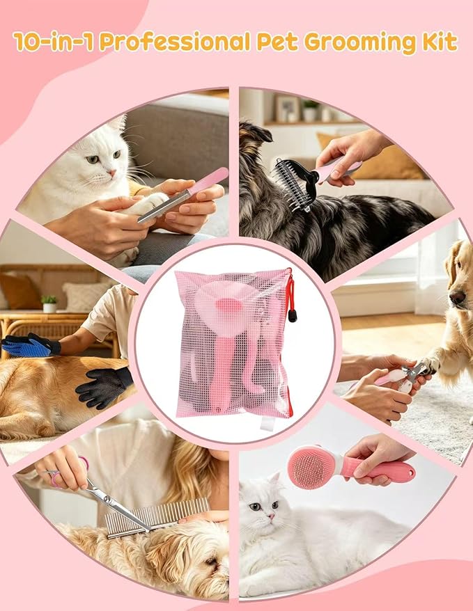 Specialized Dogs Grooming Set for Shedding Season, 10-Piece Set, Including Pet Nail Clippers, Nail Files, a Flea Comb, Grooming Gloves, and a Comb Set; Suitable for Cats and Dogs (Pink)