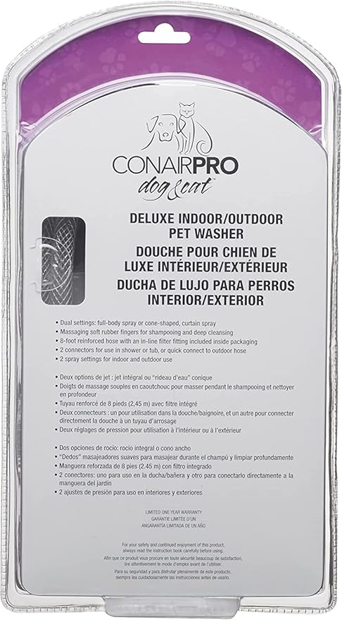 CONAIRPRO Dog & Cat Deluxe Indoor/Outdoor Pet Washer, Dog Shower Attachment with Dual Connectors to Easily Attach, Soft Rubber Massage Fingers, Dual Spray Modes