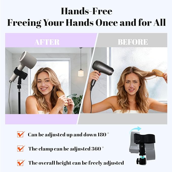 Hair Dryer Holder Stand, Hands Free Blow Dryer Stand with Clamp, Adjustable Height & 360° Rotating Hair Dryer Stand for Home & Salon Styling, Foldable & Stable