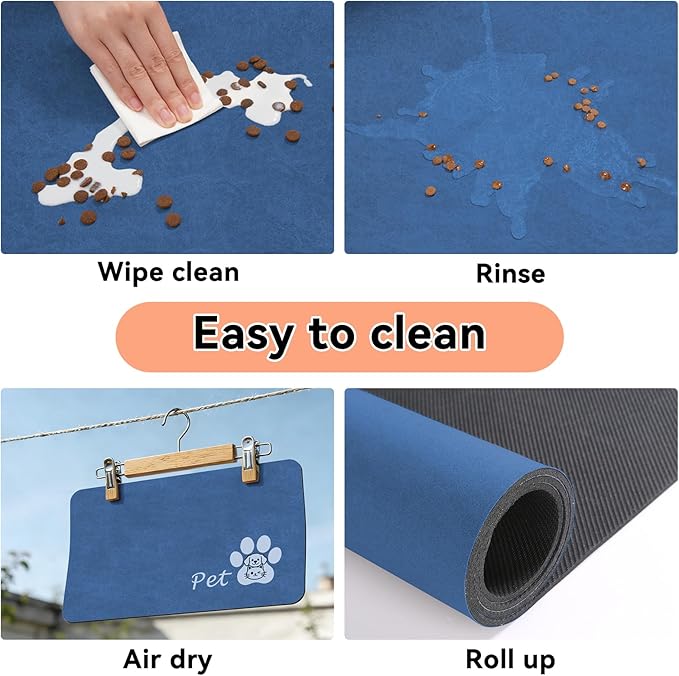 Dog Cat Feeding Mat-Absorbent Pet Bowl Mat for Food and Water, Quick Dry Water Dispenser Mat for Floors with Waterproof Rubber Backing, Puppy Cat Placemat Mats for Messy Drinkers,16"x24",Blue