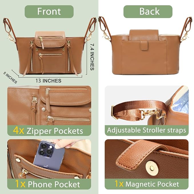 miss fong Universal Stroller Organizer with Insulated Cup Holder Stroller Caddy Baby Storage Bag with Adjustable Strap, Fits for Baby Carriage like Uppababy, Baby Jogger, Britax, Umbrella-Brown