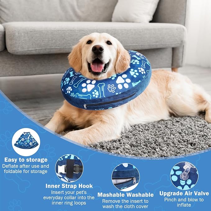 SCENEREAL Dog Cone Alternative After Surgery Donut Collar, Soft Pet Recovery Pillow Collar for Medium Large Dogs, Inflatable Adjustable Neck Collars to Prevent Licking, Blue Footprints S
