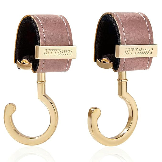 2 Pack Stroller Hooks,Strong Synthetic Leather Hook-and-Loop Fastener&High-Quality Metal Hooks,Universal Bag Clip|360° Rotation, 66lb Capacity,Non-Slip-Fits Wheelchair(Pink-Gold)
