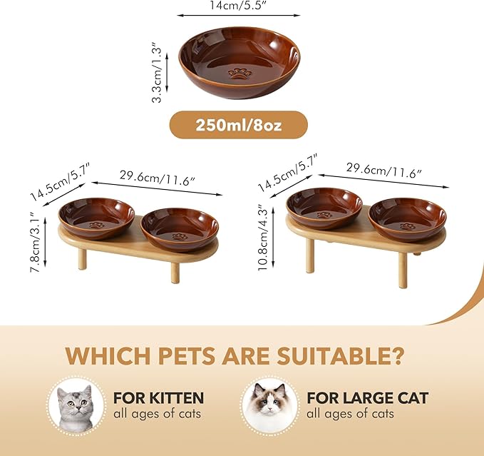 Havniva Elevated Cat Bowls Raised Ceramic Cat Bowl, 5.9” Wide Opening Cat Food Bowl Whisker Friendly Cat Dish Anti-Slip with Bamboo Stand, Shallow Pet Food & Water Bowl for Indoor Cats