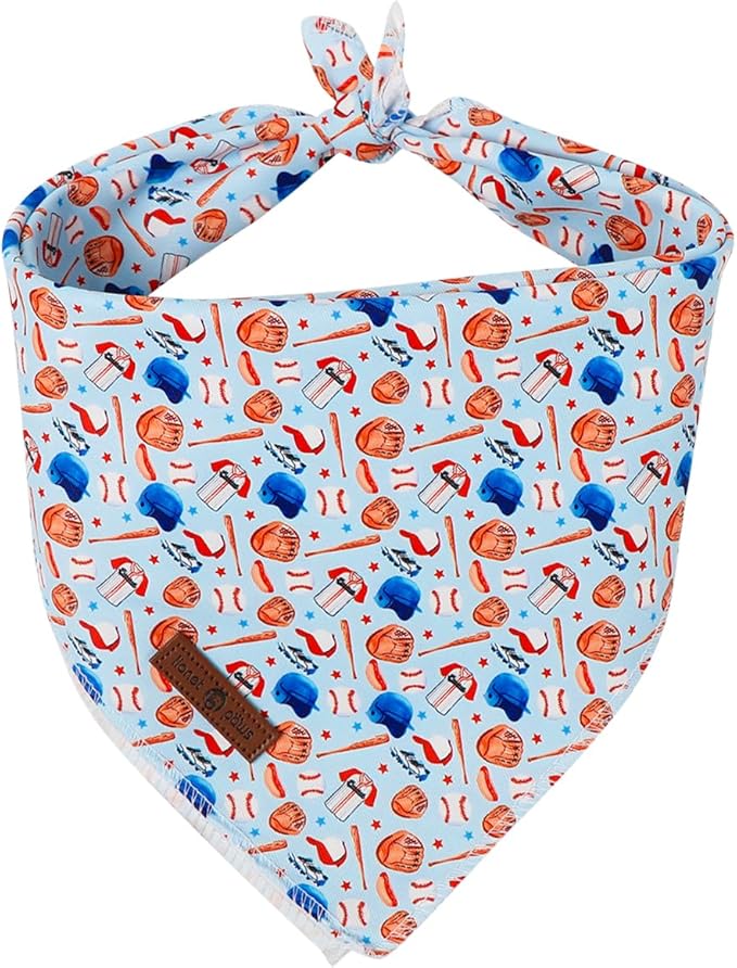 Lionet Paws Summer Blue Baseball Dog Bandana Washable Cotton Handkerchief Scarf Triangle Blue Bandana for Medium Large Dogs Girl Boy