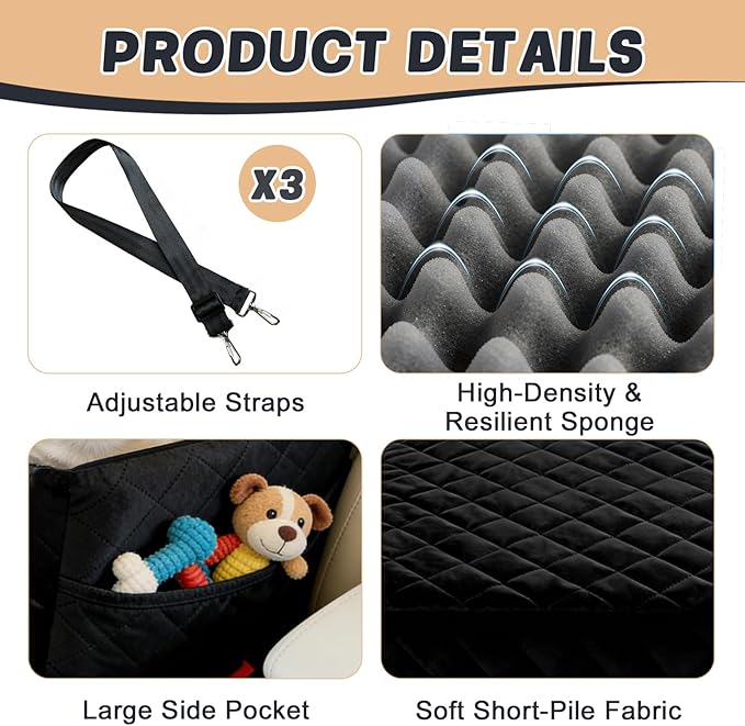 Dog Car Seat for Small Dogs & Cats Up to 45 lbs | Elevated Pet Booster with Washable Cover, Safety Straps, Storage Pocket – Fits Cars, Trucks, SUVs, Front/Back Seat