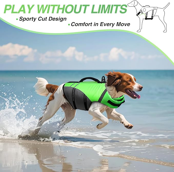 VIVAGLORY Sports Style Dog Life Vest, Dog Life Jacket for Swimming & Boating, Ripstop & Buoyancy for Puppy Doggy, Lifejacket with Handle, M, Bright Green