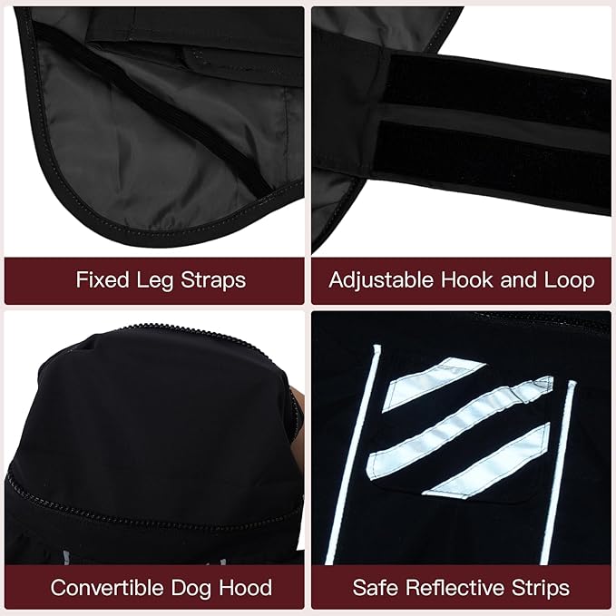 Waterproof Dog Raincoat, Windproof Rain Jacket for Large Dogs with Reflective Strips, Convertible Hood/Collar Poncho with Leash Hole Full Body Protection (Black, XXL)