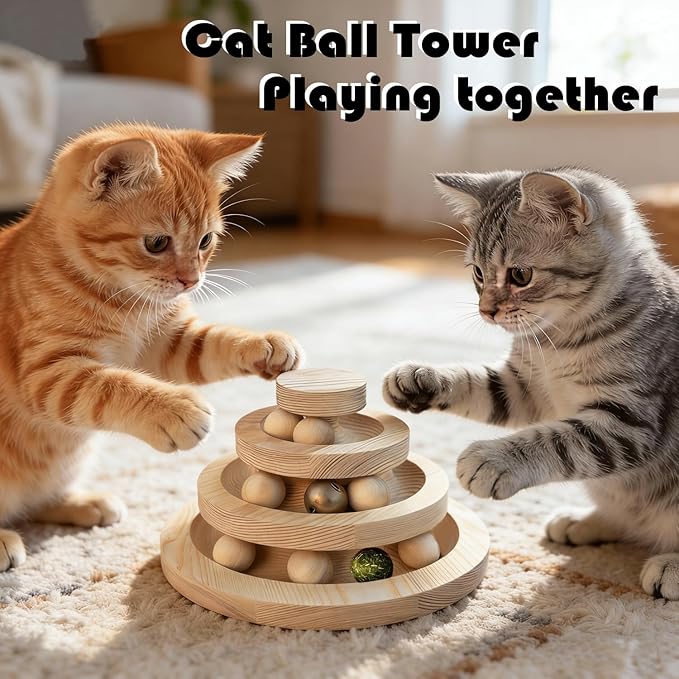 Solid Wood Cat Ball Track,Heavy Duty 3-Tier Interactive Cat Toy Tower with 9 Removable Balls,Bell & Catnip,No Assembly Required,Anti-Tip Sturdy Base for Indoor Cats, Kittens & Large Cats