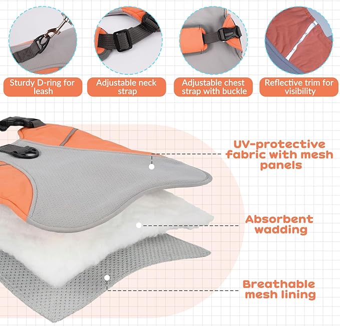 DENTRUN Dog Cooling Vest with Dual Absorbent Core, Adjustable Sun Protective Vest for Hot Weather, Doggie Ice Jacket Hiking Travel Summer Essentials, Reflective, Sun Protective Vest, Orange S