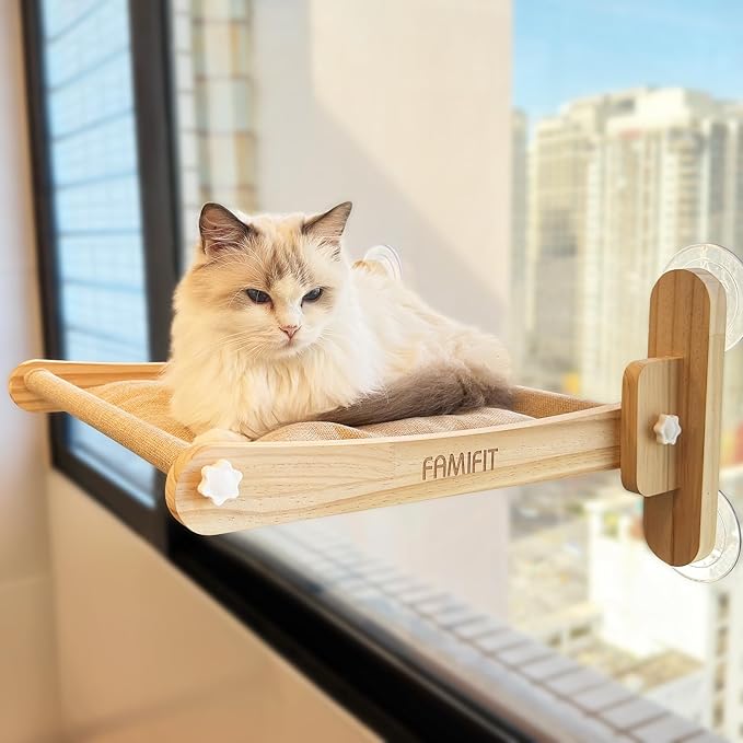 Foldable Cat Window Perch - Natural Pine Cat Sill Seat, 45LBS Heavy Duty Cordless Design, Space-Saving No-Scratch Window Hammock for Indoor Cats