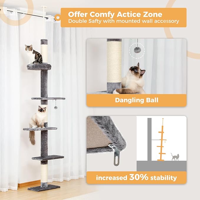 PETEPELA Cat Tree for Indoor Cats, 34.6" Small Cat Tower with Scratching Posts, 2 Condos, Scratching Ramp & Dangling Toys, Cat Play House for Kittens and Small Cats