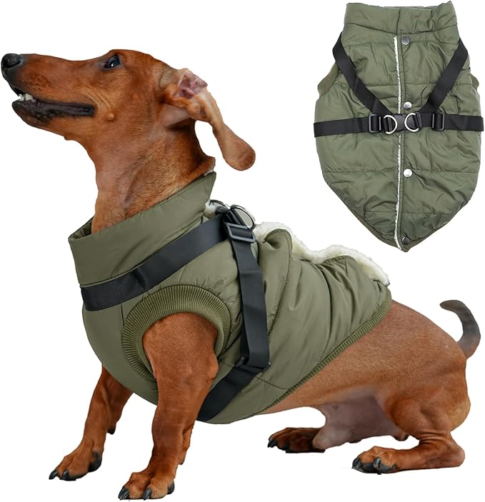 JoyDaog Dog Jacket with Harness,Fleece Lined Warm Puppy Coat for Winter,Soft Windproof Medium Dog Vest,Green L