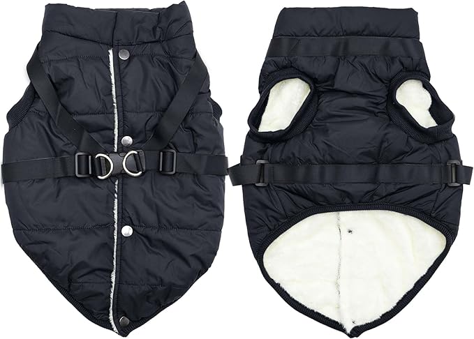 JoyDaog Dog Jacket with Harness,Fleece Lined Warm Puppy Coat for Winter,Soft Windproof Large Dog Vest,Black XXXL