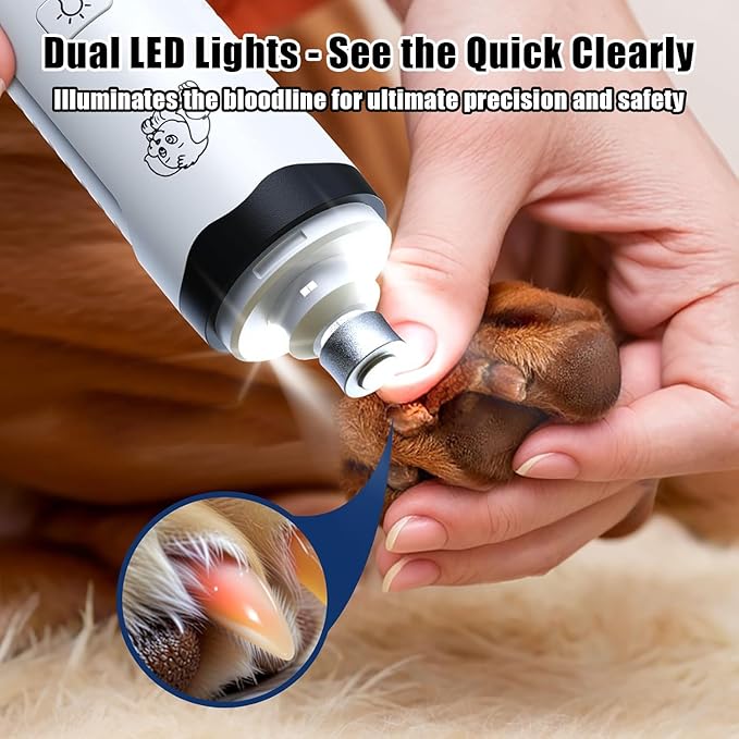 Silent Pets Nail Grinder with 2 Lights and 3 Speeds, Cordless Dog Nail Trimmers, 2000mAh Rechargeable,Painless Paws Grooming Pro for Small Medium Large Dogs & Cats (2 Replacement Heads)