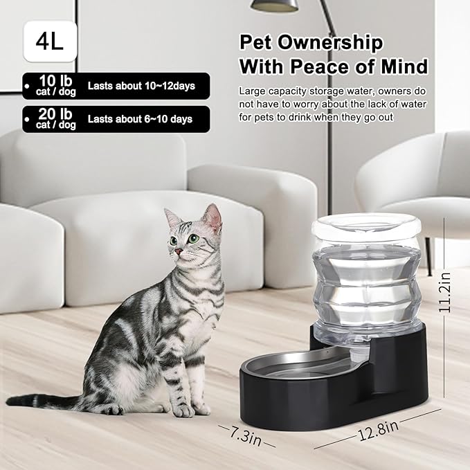 RIZZARI 4L Filter-Free Black Gravity Pet Water Dispenser for Cats and Small Dogs, Spill-Resistant Stainless Steel Water Bowl for Modern Apartments, Gaming Rooms, and Low-Mess Indoor Spaces