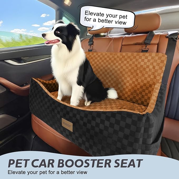 JOEJOY Dog Car Seat for Medium/Large Dogs - Reversible Dual-Sided Travel Dog Car Bed with Memory Foam, Washable Pet Booster Seat for Do gs up to 55 lbs or 2 Small Dogs, 2 Safety Leashes, Brown