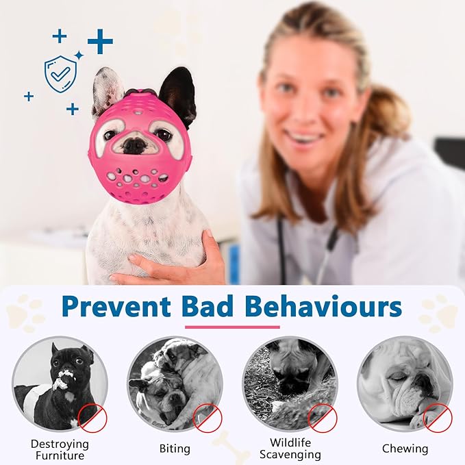 BARKLESS Short Snout Dog Muzzle, Soft Silicone Flat Faced Muzzle for French Bulldog Shih Tzu and Pug for Biting Chewing Licking and Grooming, Allows Panting (XL, Hot Pink)