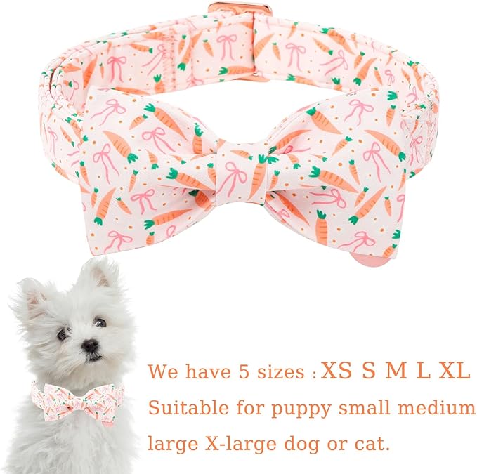 Easter Dog Collar with Bow Tie, Cotton Bunny Bowtie for Large Girl Boy Dog, Cute Rabbit Pet Collar with Metal Buckle, Gift, XS
