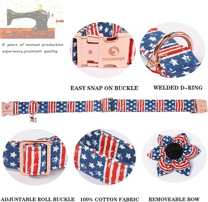 4th of July American Flag Dog Collar, DOGWONG Red Blue Flower Dog Collars with Metal Adjustable Buckle, Comfortable Independence Day Dogs Collars for Small Puppy Dogs