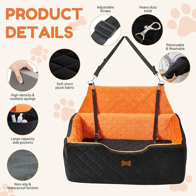 Dog Car Seat for Large Medium Dogs - Foam Dog Booster Seats up to 55 lbs, High-Depth Car Pet Seat with Storage/2 Safety Leash, Portable Travel Pet Bed for Cars, 2in, Black