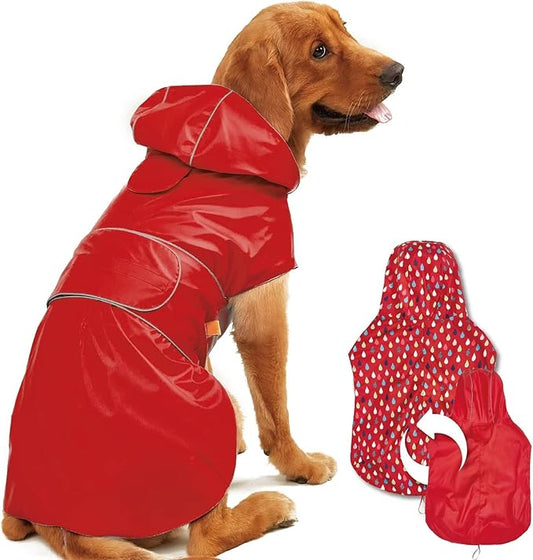 Kimee Dog Raincoat Reversible, Single Side Slicker Poncho Adjustable Waterproof Dog Rain Jacket with Leash Hole/Reflective Stripe Hooded Snowproof Windproof Clothes for Small to 3X-Large Dogs, M