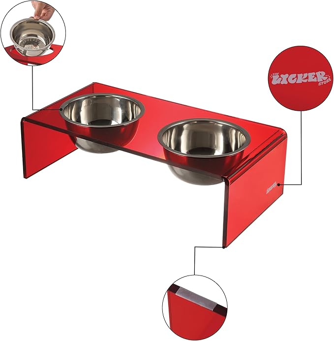 THE LICKER Store DBL2000H Keaton 5" Small/Medium Modern Acrylic Rectangular Elevated Pet Feeder with 20oz 2-Stainless Steel Bowls, Red/Chrome