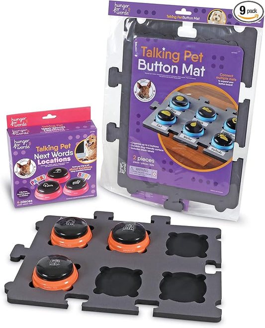 Hunger for Words Talking Pet Bundle - Storage Mat Set for 6 Buttons & Pet Next Words Locations, 3 Recordable Speech Buttons, Dogs Training and Communication
