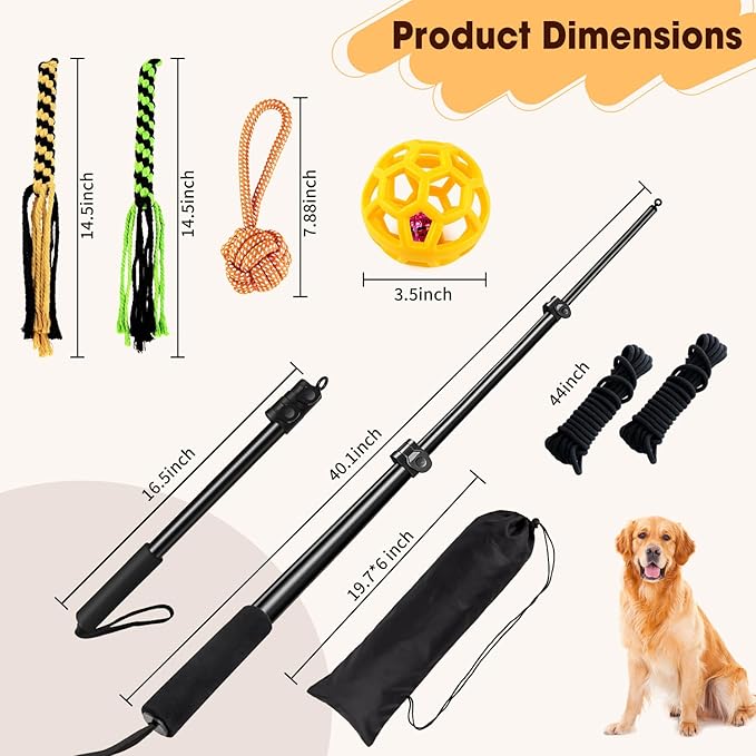 Flirt Pole for Dogs Heavy Duty – 40" Extendable Aluminum Alloy Dog Teaser Pole for Large, Medium & Small Dogs, Dog Training Stick Toy for Exercise & Training, Includes 4 Replaceable Lures