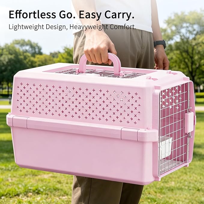 RIZZARI Medium Cat Carrier for Cats & Small Dogs: Durable Hard-Sided Pet Carrier with Ventilated Design -Metal Door & Portable Handle for Safe Travel and Daily Transport (Pink, Medium)