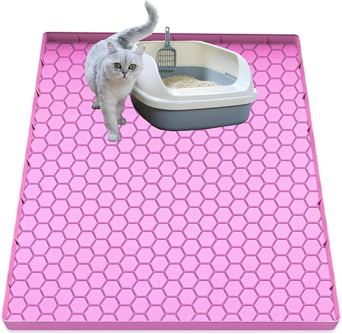 Cat Litter Mat for Litter Box, Silicone Large Cat Litter Trapping Mat - 28x19 in, Waterproof & Non-Slip, Durable & Easy Clean, Pink