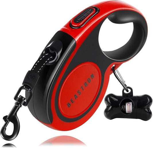 Upgraded Retractable Dog Leash, 16" Extra Long Tangle-Free Reflective Nylon, Small to Medium Dogs up to 110lbs, Waste Bags and Dispenser Included (Red)
