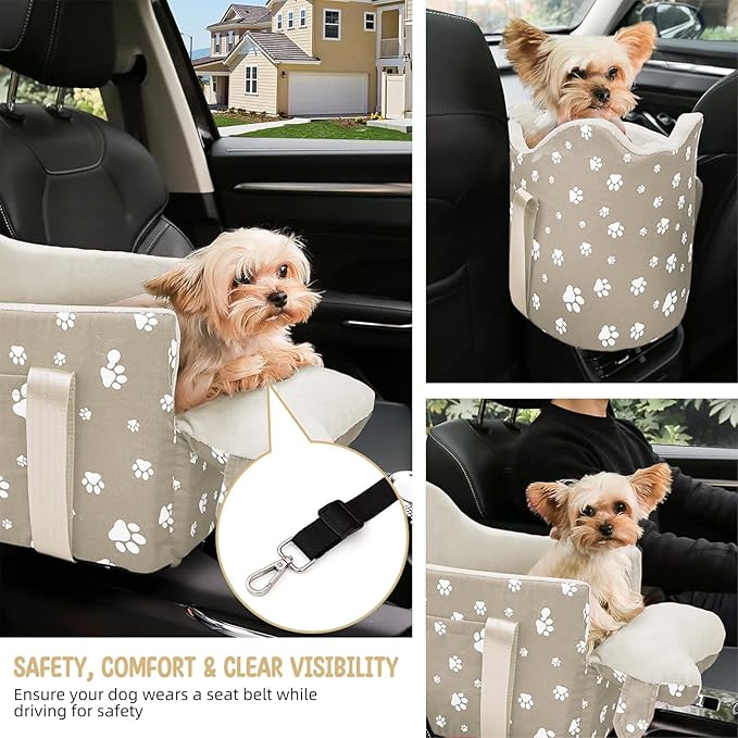 Dog Car Seat for Small Dogs (Under 15 lbs) – Center Console Pet Carrier with Safety Belt, Storage Pockets & Removable Washable Cover (Khaki Car Seat)