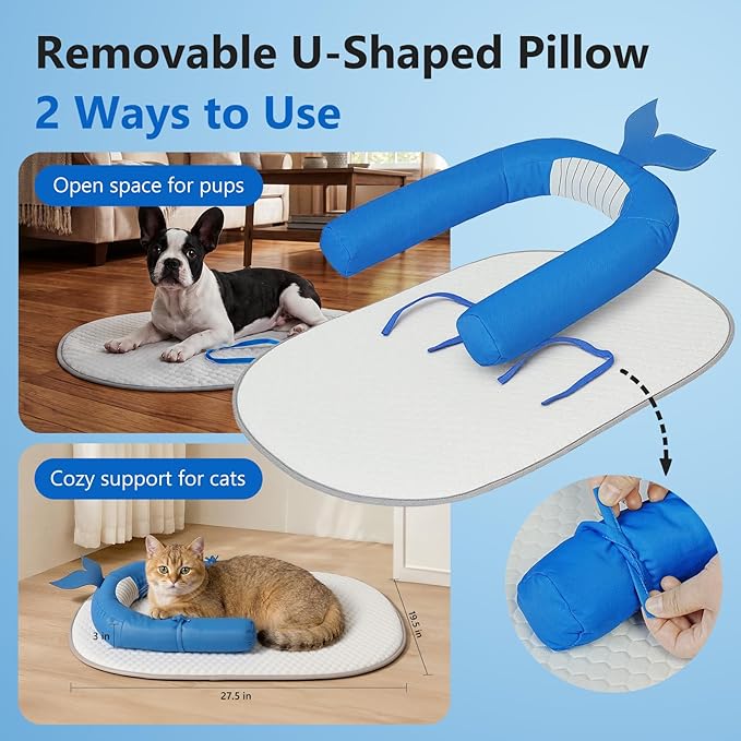 Cat Cooling Mat with Soft U-Shaped Pillow– Breathable Calming Cooling Pad for Cats– Portable Washable Summer Cooling Cat Bed for Indoor Or Travel Use,Blue Shark