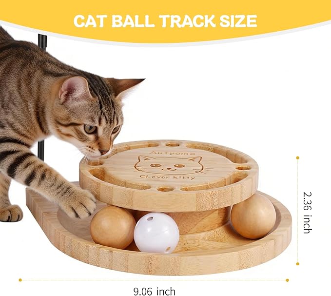 Interactive Cat Toy for Indoor Cats - Cat Wand & Track Ball, 15 Replacement Heads, 2 Wooden Balls & 1 Bell Ball, Anti-Slip Base, Easy Assembly Cat Teaser for Kittens & Adult Cats
