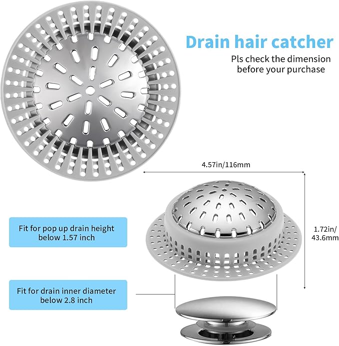 Aluvor Bathtub Drain Hair Catcher Shower Drain Cover Sink Drain Protector for Pop-Up & Regular Drains, Silver Grey