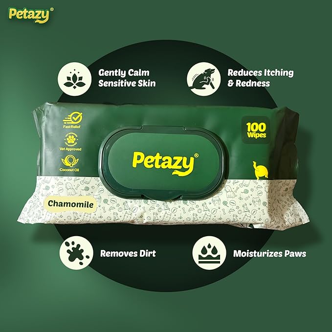 Petazy Pet Wipes for Dogs and Cats – 100 Count (8x8in) Hypoallergenic, Deodorizing Dog Wipes for Paws, Ears and Butt | XL with Aloe & Coconut Oil, Chamomile Scented | Travel Size, On-the-Go Pack