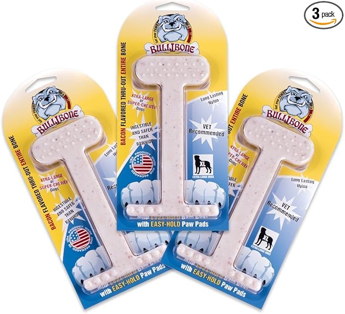 Bullibone Nylon Dog Chew Toy for Aggressive Chewers - Dental Hygiene Bone with Bacon Flavor, Durable Tough Chew Toys for Extra Large Dogs, Indestructible Dog Bone - 3 Pack