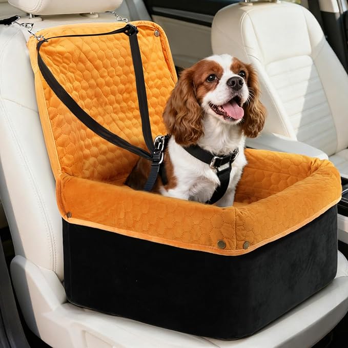 Dog Car Seat for Small Medium Dogs, Travel Pet Car Bed with Removable Waterproof Cover, Memory Foam Dog Booster Seats Up to 35 lbs, Safety Belt and Storage Pocket(Brown)