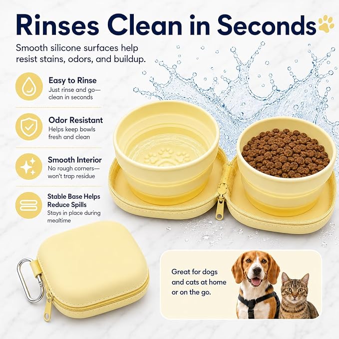 Portable Dog Bowl, Collapsible 2-in-1 Travel Dog Bowls with Carabiner Clip, Silicone Double Pet Food and Water Dish for Outdoor Camping and Hiking (Yellow)