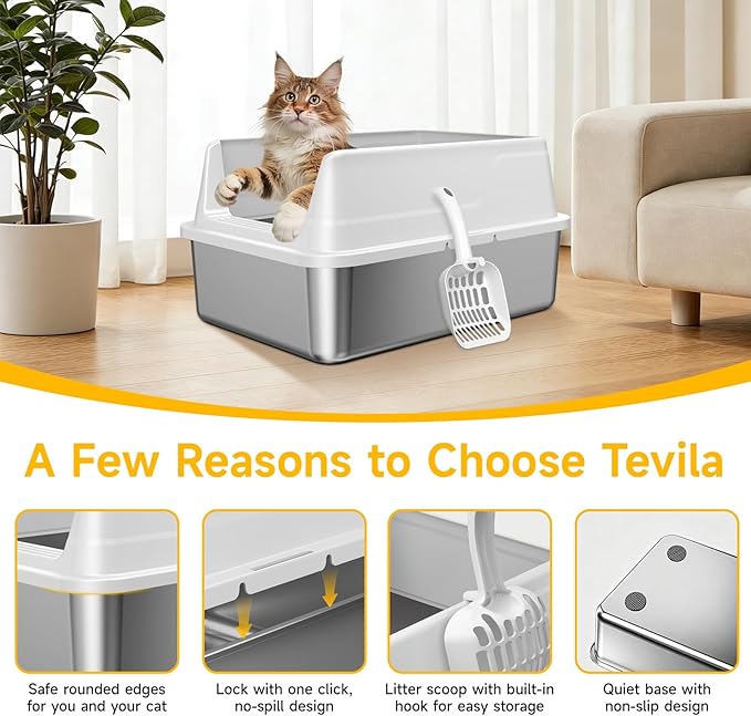 Stainless Steel Litter Box with High Sides, Small Metal Litter Box for Kittens & Senior Cats, Open Top Low Entry Non-Stick Easy Clean with Scoop, Gray