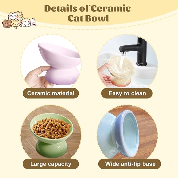 4Pcs Ceramic Raised Cat Bowl Elevated Cat Bowls Tilted Cats Food Dishes Pet Bowl Stand Feeder Cute Cats Bowl for Kittens Puppies Small Dog Whisker Fatigue Protect Kitten Spine(Gradient Color)