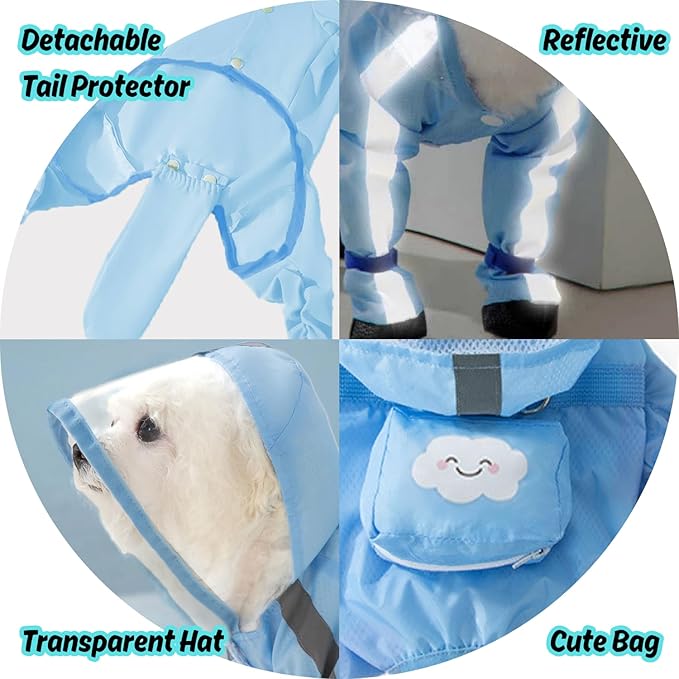 Small Dog Raincoat, Tail Protect Feet Cover Waterproof Dog Rain Jacket Rain Coat for Puppy Small Dogs(Blue,M)