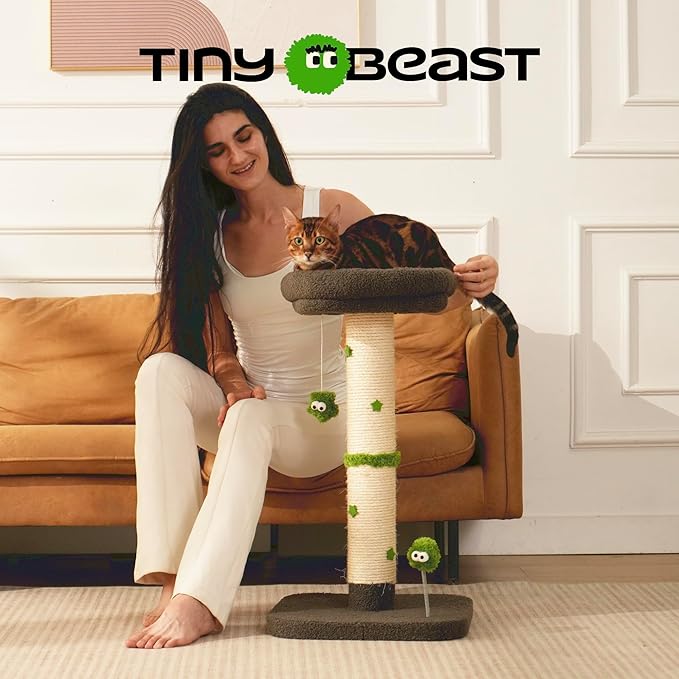 TinyBeast 29.5" Cat Tower with Scratching Post, 4-in-1 Natural Sisal Cat Scratcher with Removable Plush Perch Bed, Cat Stand Featuring Dangling Ball & Spring Ball, Cat Tree Tower for Indoor Adult Cats