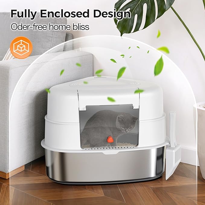 Chumajor XXL Stainless Steel Corner Cat Litter Box with Lid - Sturdy, No Odor & Space-Saving Hidden Design for Large Cats, White