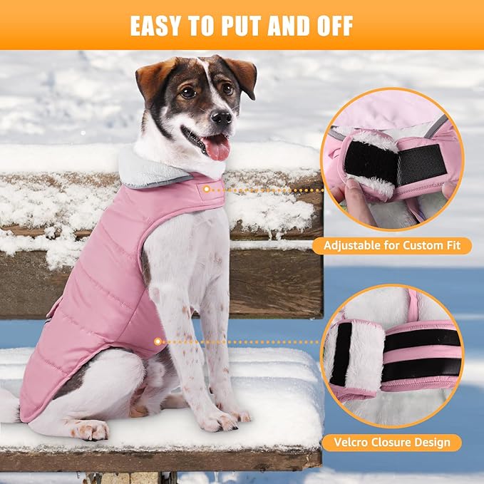 Dog Winter Coat for Large Dogs, Easy on Dog Snow Coat Velcro Waterproof Pet Puffer Jacket with Harness Hole Adjustable Reflective Quilted Pet Cold Weather Vest Wind-Poof for Pitbull Boy Girl