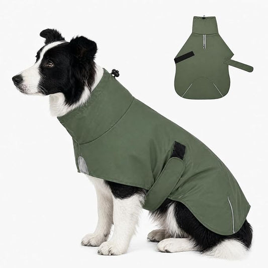 PU Dog Raincoat, Non-Toxic & Odorless Waterproof Vest, Adjustable High Collar and Hook & Loop Belly Closure for Rainy Potty Breaks & Wet Weather Outdoor Walks (Olive Green, X-Large)